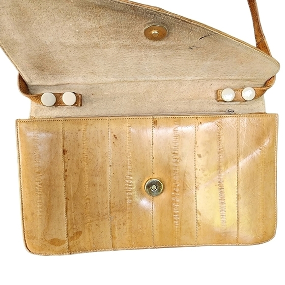 Vintage tan Eel skin leather purse handbag with long removable shoulder strap - Picture 8 of 14